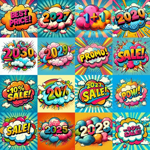 Sale stickers pop art style. AI generated illustration