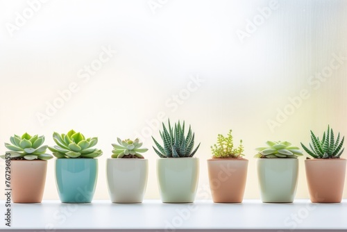 A minimalistic picture of a row of succulents adorning a sunlit windowsill, showcasing their distinct shapes and a range of green hues, fashioning a tranquil and organic indoor sanctuary.