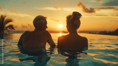 Two People Sitting in a Swimming Pool at Sunset. Generative AI