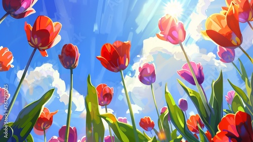 A painting depicting vibrant red and pink tulips against a clear blue sky