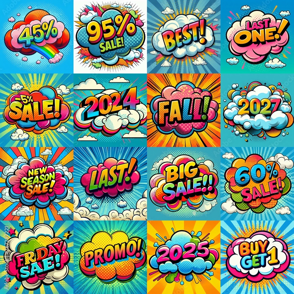 Sale stickers pop art style. AI generated illustration Sale stickers pop art style. AI generated illustration