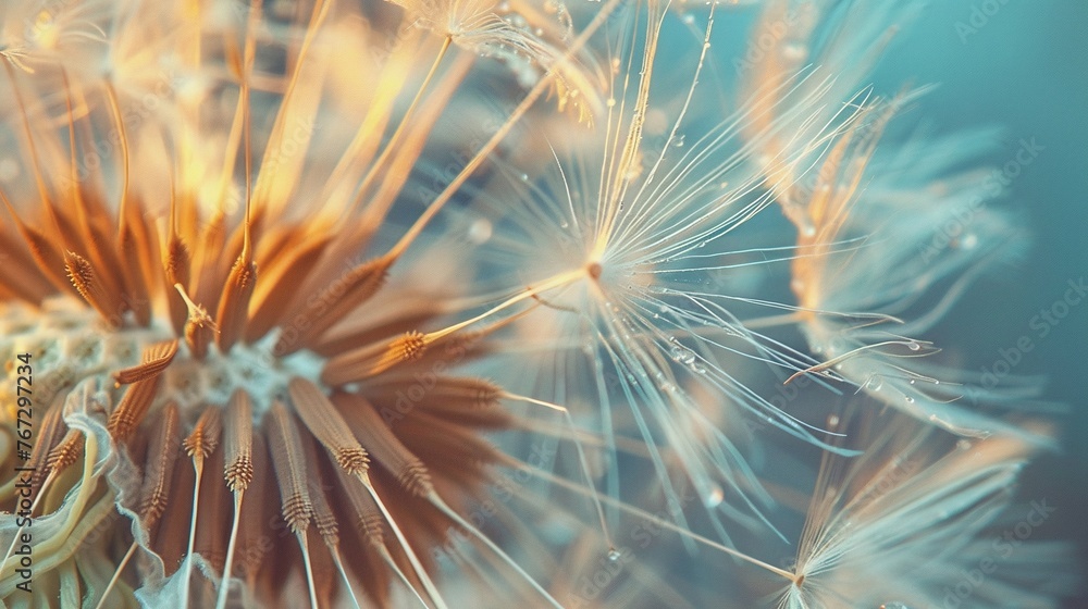 Obraz premium macro close-up of a dreamy dandelion with intricate details of its delicate fluffy seeds and elegant white texture in a nature-inspired setting