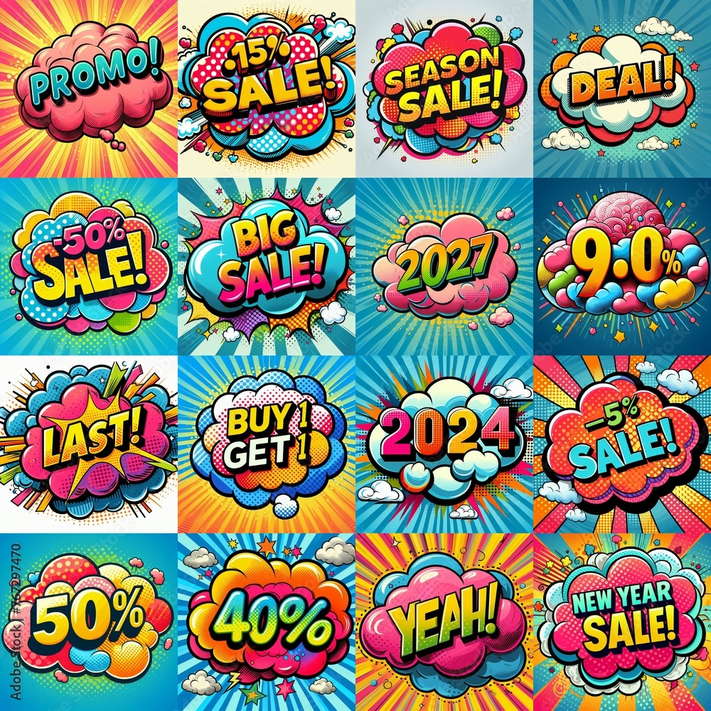 Sale stickers pop art style. AI generated illustration Sale stickers pop art style. AI generated illustration