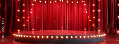 Circus stage podium background 3D carnival light red show curtain. Circus platform stage podium tent theater arena sign vintage spotlight circle stand bulb ringmaster ring cirque cartoon party cinema. photo