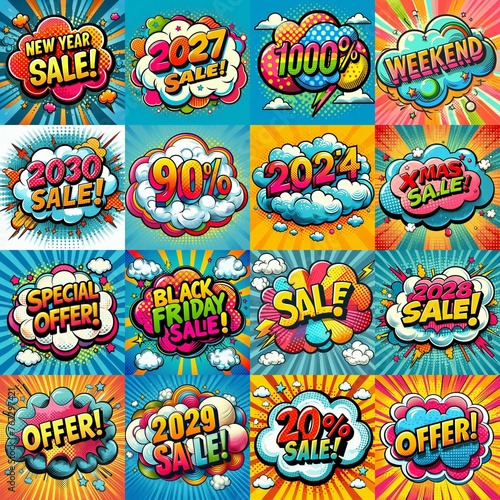 Sale stickers pop art style. AI generated illustration