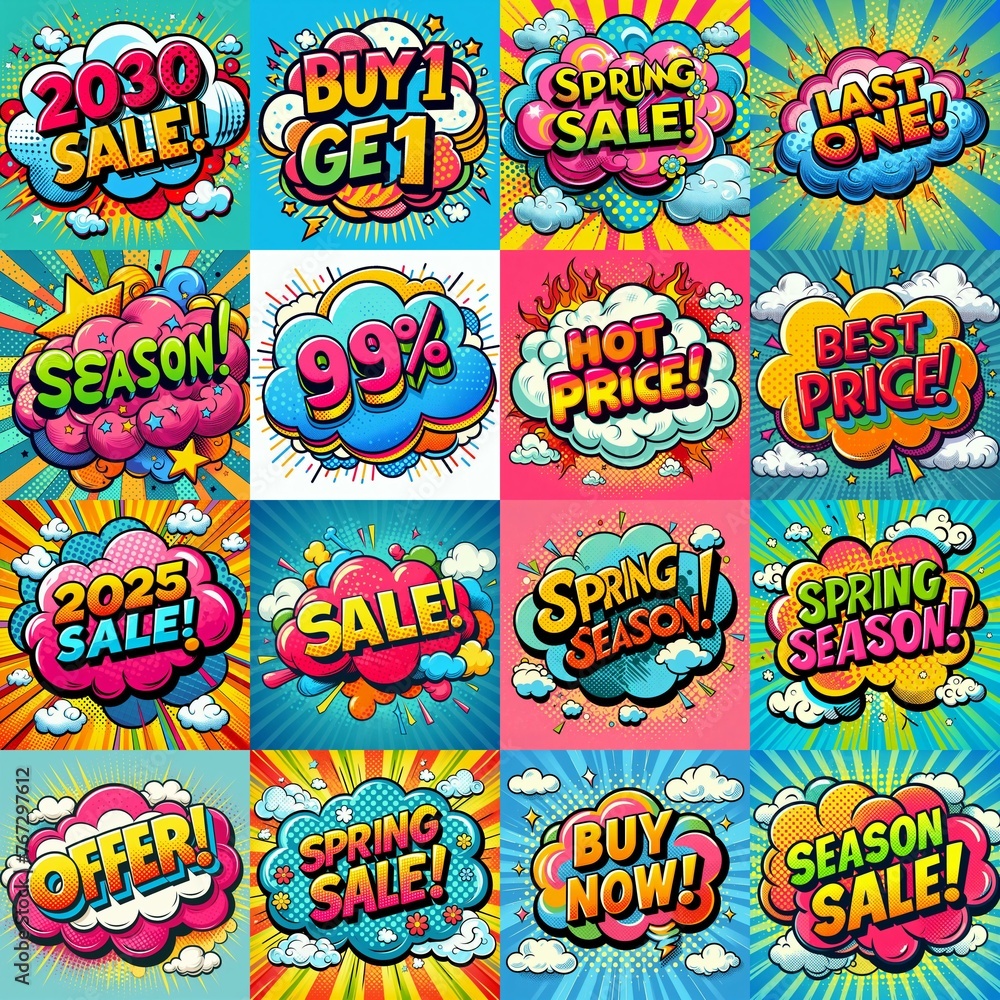 Sale stickers pop art style. AI generated illustration