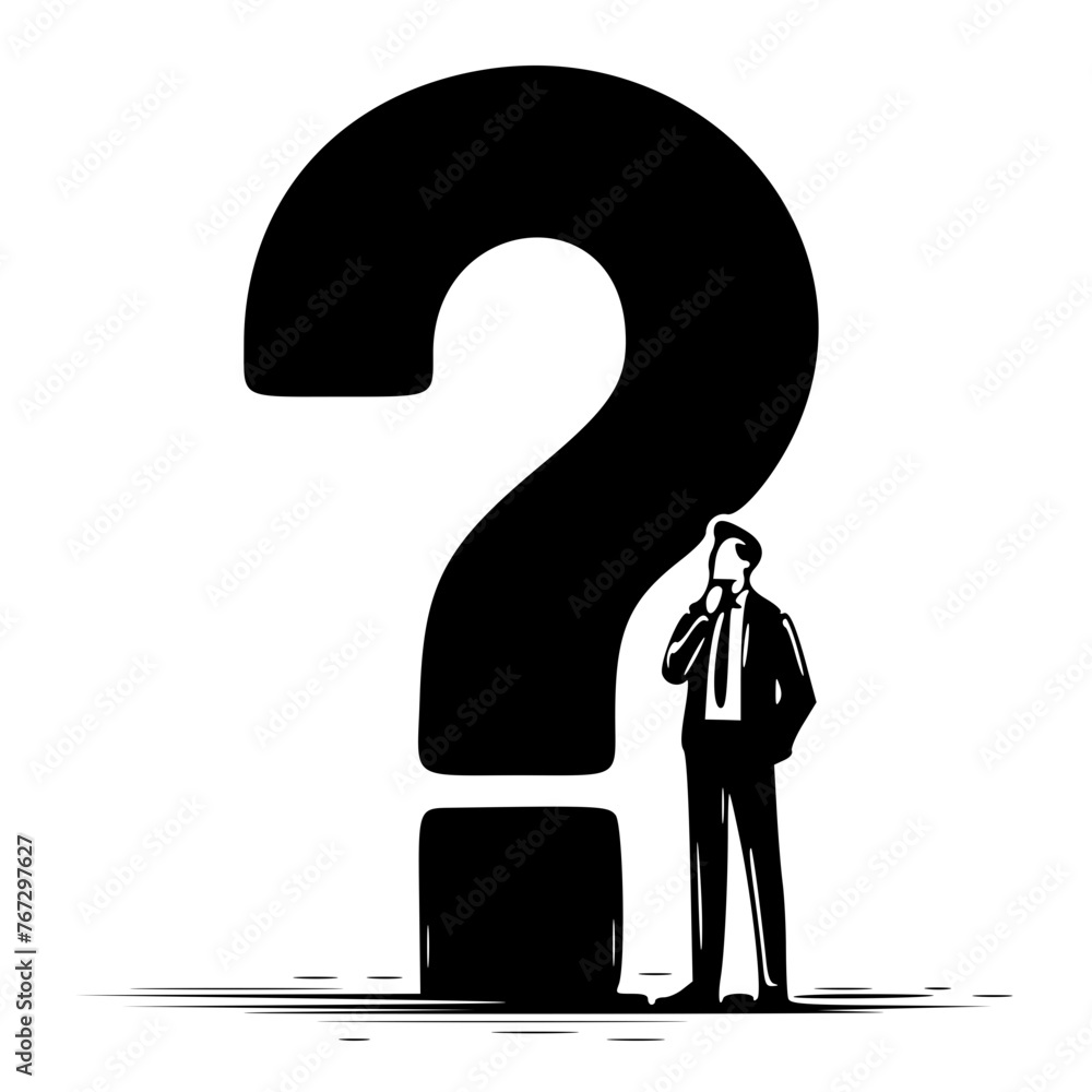 A man in business attire stands before a large question mark, encapsulating the concept of challenges and strategic problem-solving in the business realm. A man in business attire stands before a large question mark, encapsulating the concept of challenges and strategic problem-solving in the business realm.