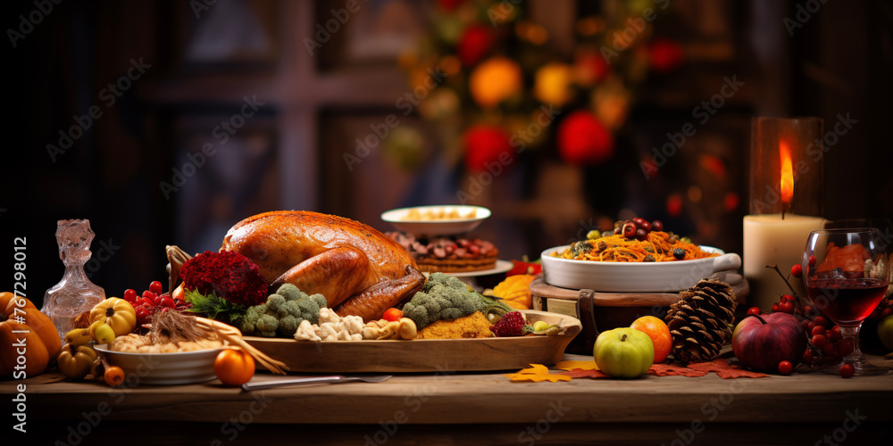 Happy Thanksgiving day traditional dinner setting meal. Pumpkins,  fruits and turkey background. Celebrating autumn holidays.