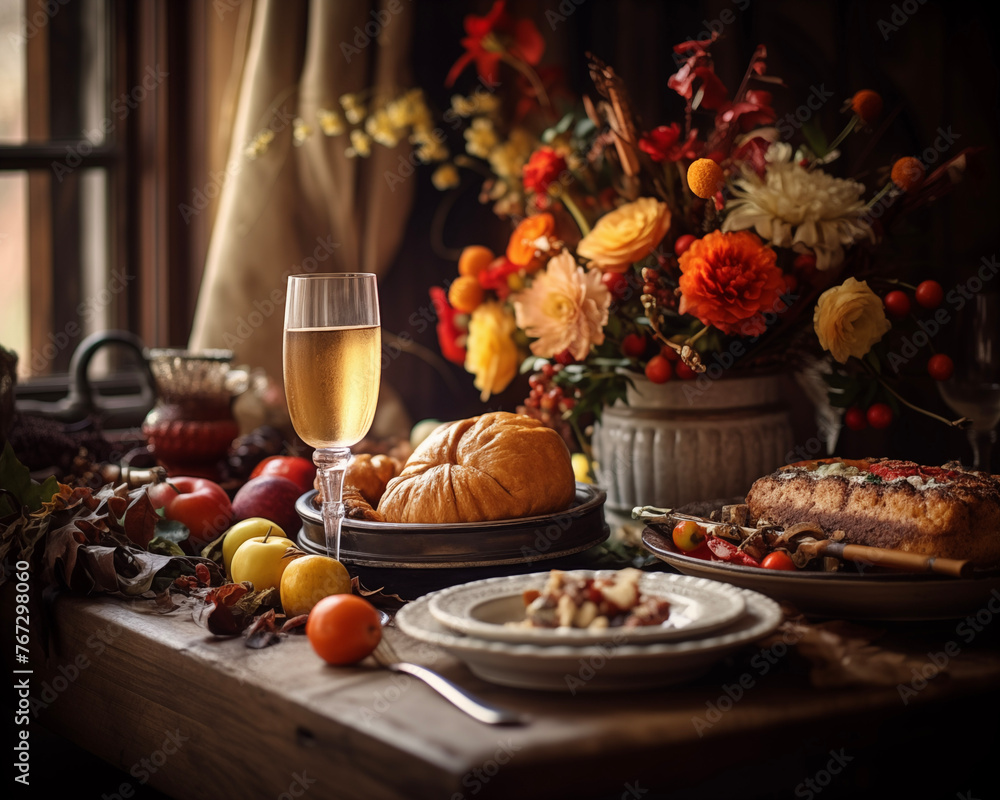 Happy Thanksgiving day traditional dinner setting meal. Pumpkins,  fruits and turkey background. Celebrating autumn holidays.