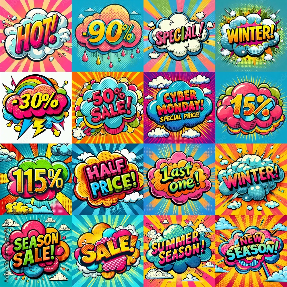 Sale stickers pop art style. AI generated illustration