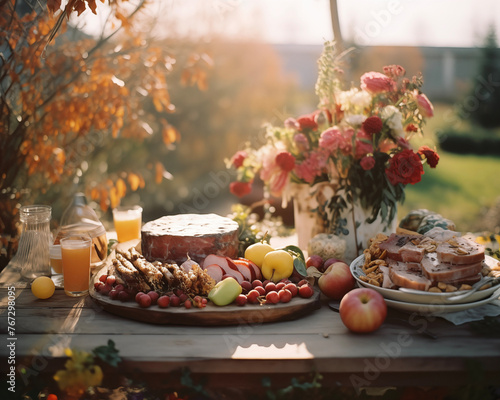 Happy Thanksgiving day traditional dinner setting meal. Pumpkins, fruits and turkey background. Celebrating autumn holidays.