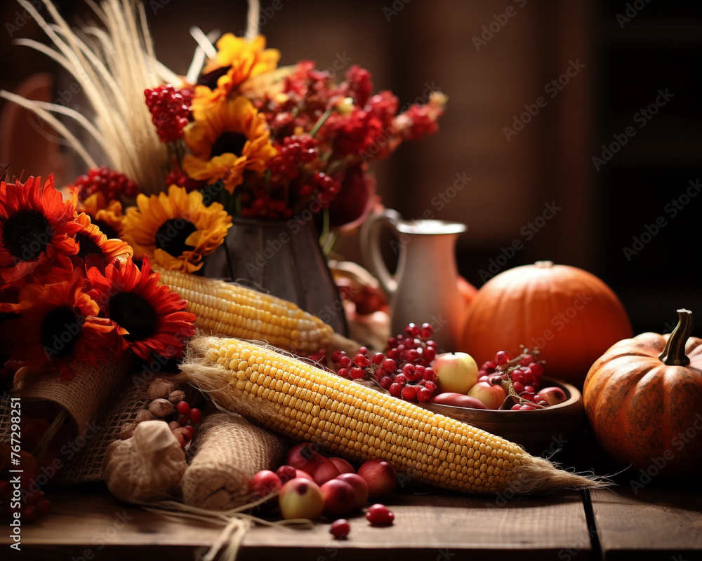 Happy Thanksgiving day traditional dinner setting meal. Pumpkins, fruits and turkey background. Celebrating autumn holidays. Happy Thanksgiving day traditional dinner setting meal. Pumpkins, fruits and turkey background. Celebrating autumn holidays.