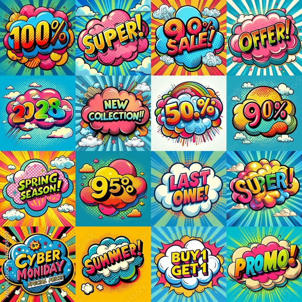 Sale stickers pop art style. AI generated illustration