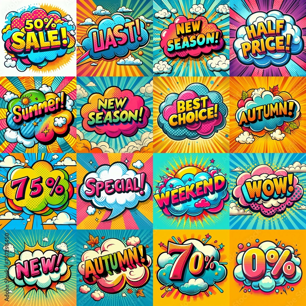 Sale stickers pop art style. AI generated illustration Sale stickers pop art style. AI generated illustration