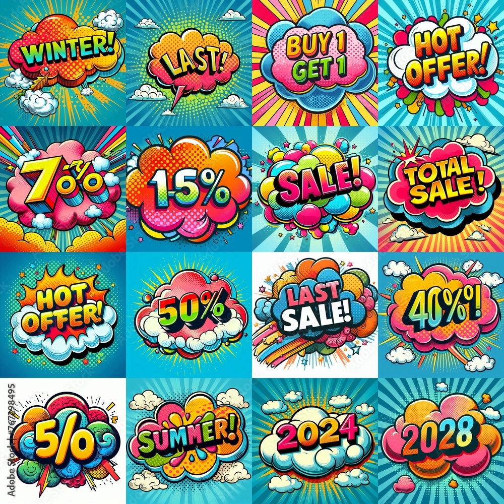 Sale stickers pop art style. AI generated illustration