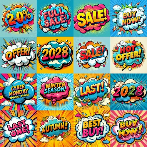 Sale stickers pop art style. AI generated illustration