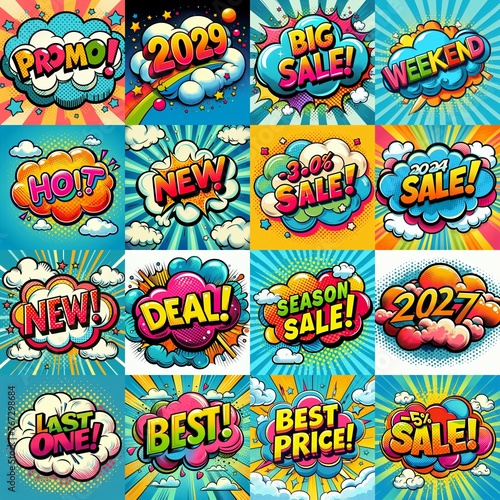 Sale stickers pop art style. AI generated illustration