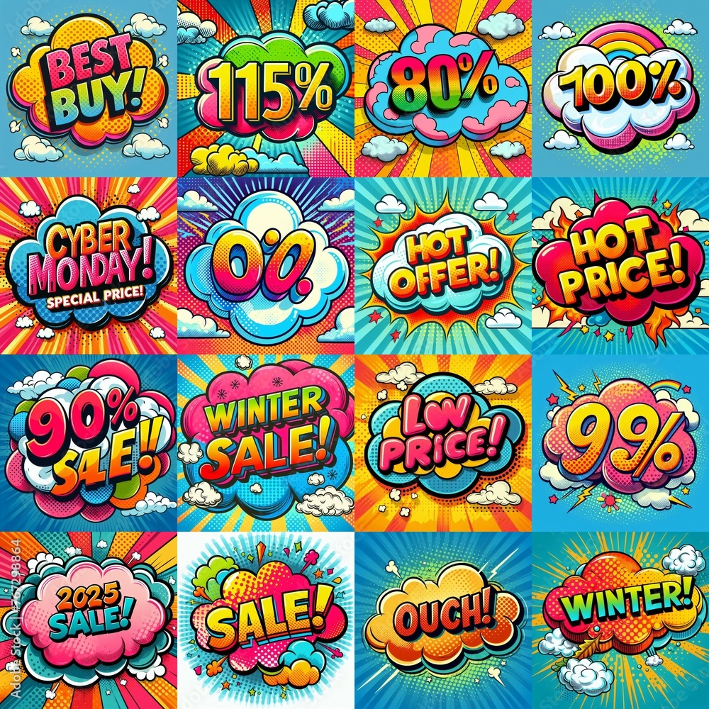 Sale stickers pop art style. AI generated illustration