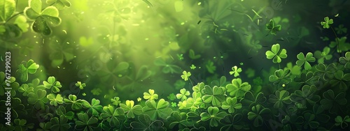 St. Patrick's Day holiday symbol with green background and three-leaved shamrocks, showcasing a lucky Irish four-leaf clover in a field setting
