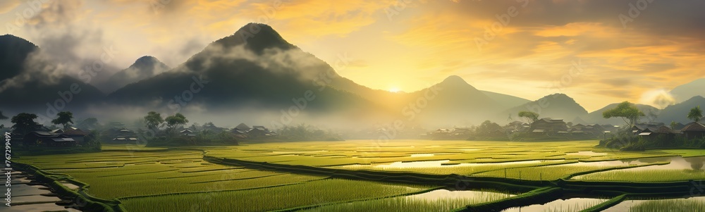 Field of ripe rice at dusk background - obrazy, fototapety, plakaty 