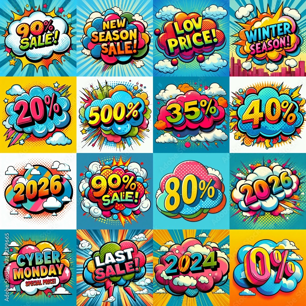 Sale stickers pop art style. AI generated illustration Sale stickers pop art style. AI generated illustration
