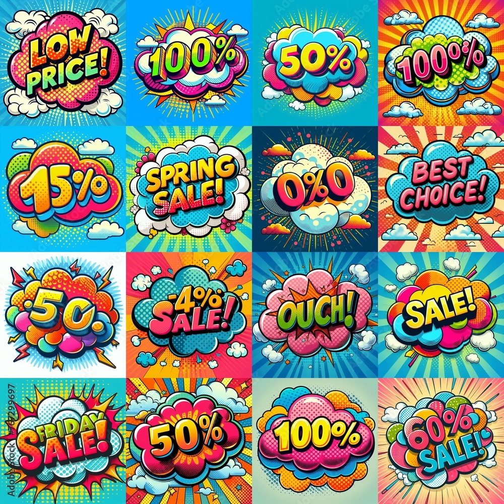 Sale stickers pop art style. AI generated illustration Sale stickers pop art style. AI generated illustration