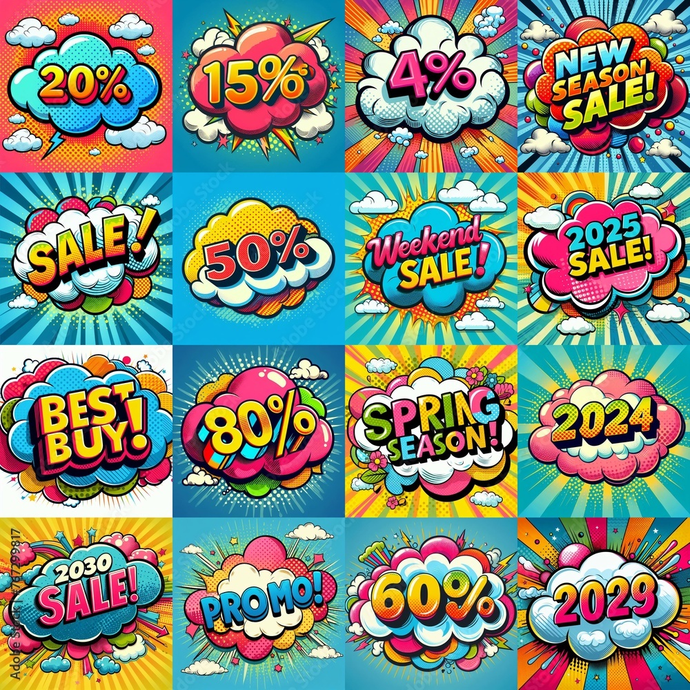 Sale stickers pop art style. AI generated illustration Sale stickers pop art style. AI generated illustration