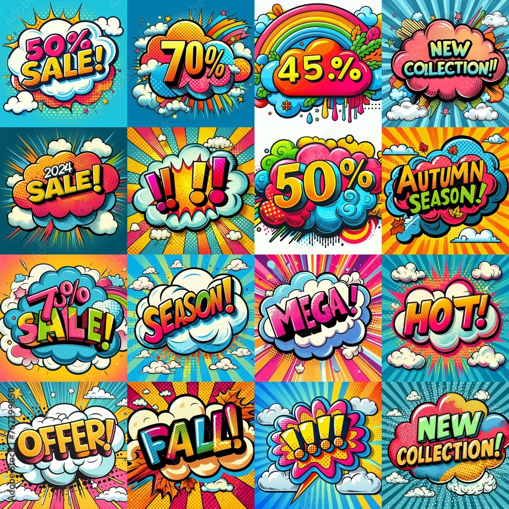Sale stickers pop art style. AI generated illustration Sale stickers pop art style. AI generated illustration