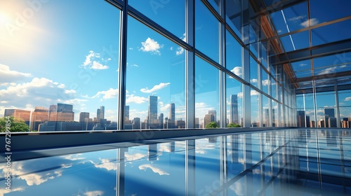 underside panoramic and perspective view to steel blue glass high rise building skyscrapers