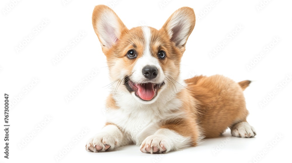 adorable Welsh Corgi puppy at 14 weeks old winking, panting, and sitting on a white background, highlighting a happy and playful demeanor adorable Welsh Corgi puppy at 14 weeks old winking, panting, and sitting on a white background, highlighting a happy and playful demeanor