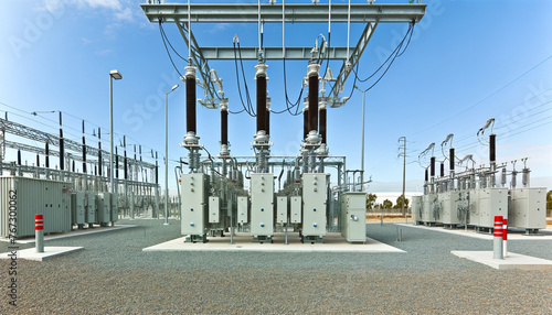 A modern, high-tech electrical substation on a clear, bright day. The substation is equipped with modern switchgear and several large transmission transformers designed to supply high voltage electric photo