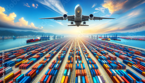 An airplane is in the sky, directly above a huge array of multi-colored cargo containers. The containers are neatly organized in the expansive warehouse area, symbolizing a busy hub for global trade a