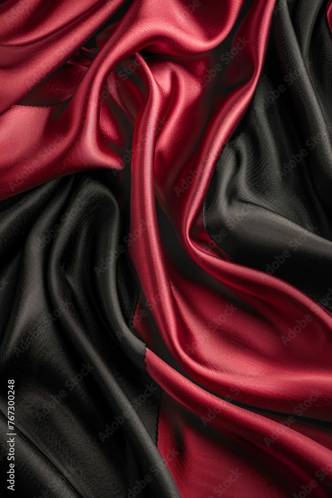 Fototapeta premium Close Up of Black and Red Silky Satin Fabric. Generative AI
