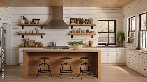 Inviting modern farmhouse kitchen with shiplap walls subway tile and warm wood accents.