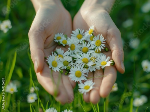 daisies in a woman's hands on a green grass