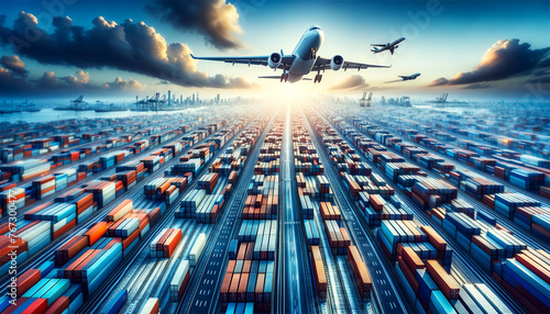 An airplane is in the sky, directly above a huge array of multi-colored cargo containers. The containers are neatly organized in the expansive warehouse area, symbolizing a busy hub for global trade a photo