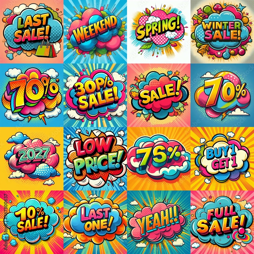 Sale stickers pop art style. AI generated illustration