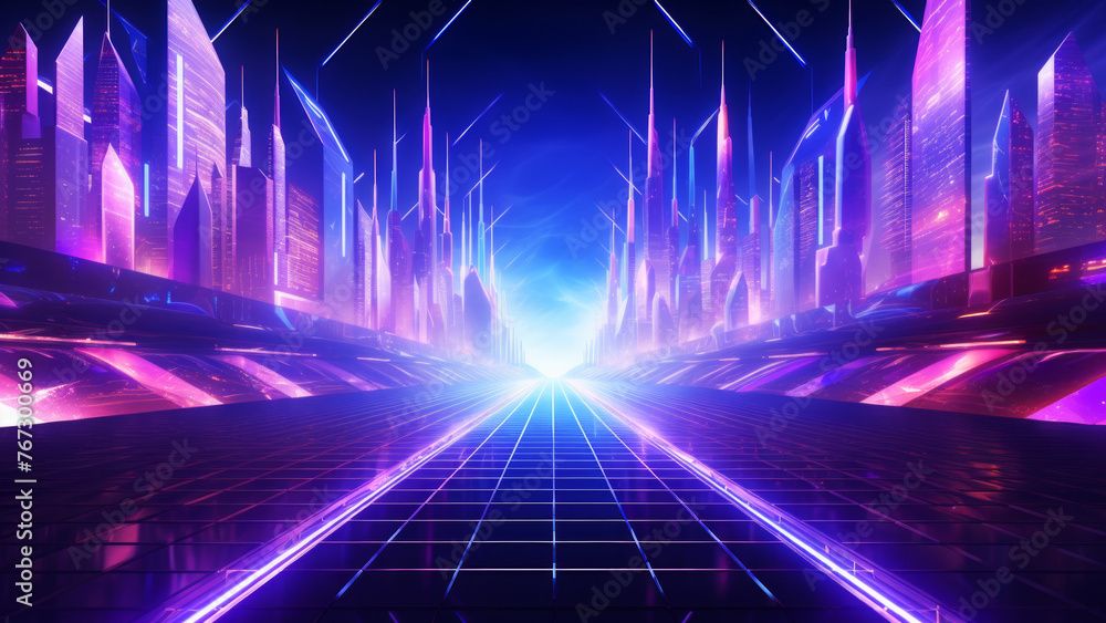 A cityscape of the future featuring vibrant neon lights and bright neon lines creating a dynamic and energetic atmosphere, retro futuristic concept