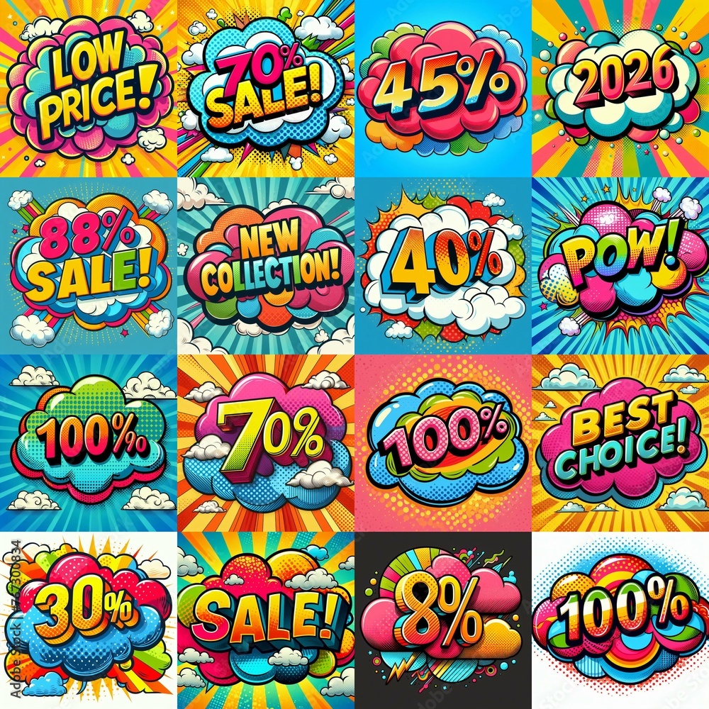 Sale stickers pop art style. AI generated illustration Sale stickers pop art style. AI generated illustration