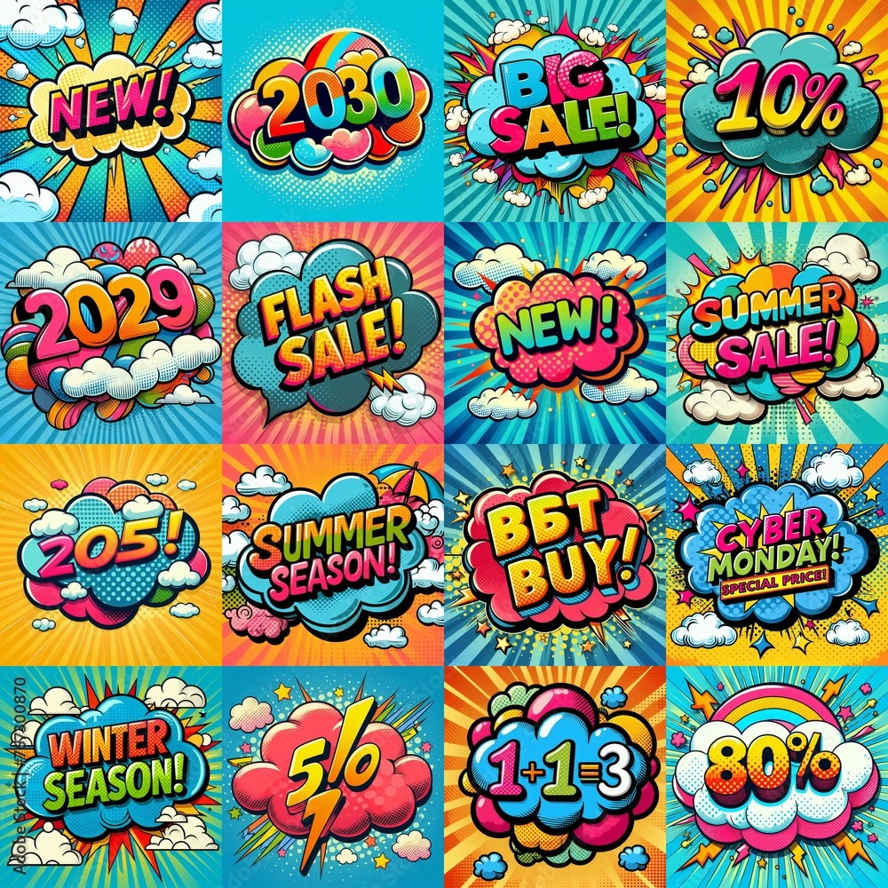 Sale stickers pop art style. AI generated illustration Sale stickers pop art style. AI generated illustration