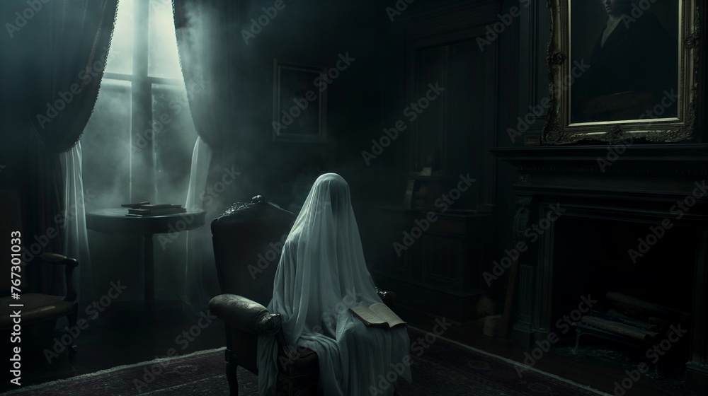 Eerie figure shrouded in white haunts a dark, Victorian room with an air of ghostly solitude - obrazy, fototapety, plakaty 