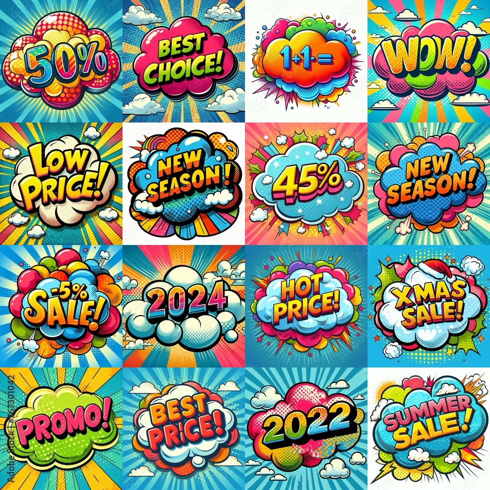 Sale stickers pop art style. AI generated illustration Sale stickers pop art style. AI generated illustration