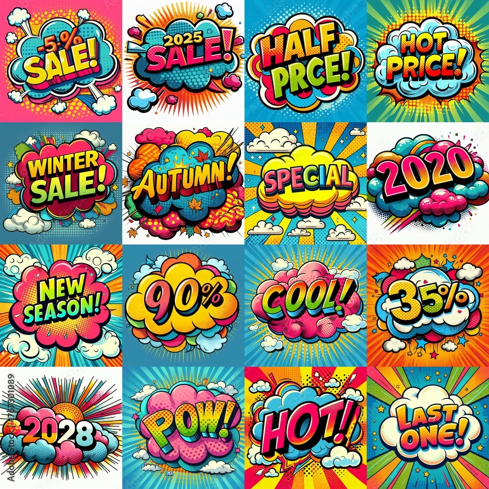 Sale stickers pop art style. AI generated illustration