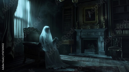 Eerie figure shrouded in white haunts a dark, Victorian room with an air of ghostly solitude