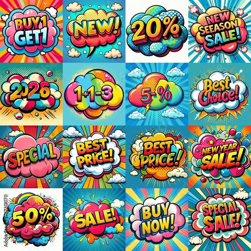 Sale stickers pop art style. AI generated illustration