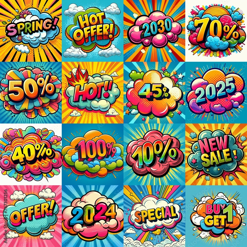 Sale stickers pop art style. AI generated illustration Sale stickers pop art style. AI generated illustration