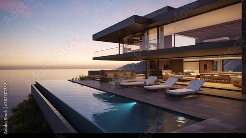 Jaw-dropping contemporary cliffside estate with concrete pavilions glass window walls and infinity pool spilling over vista. © Aeman