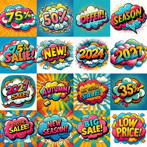 Sale stickers pop art style. AI generated illustration