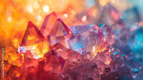 A vibrant, macro photograph of a crystal, showcasing its facets and the way it diffracts light
