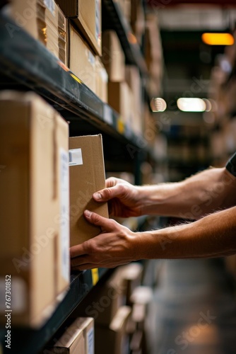 A warehouse worker in uniform holds a cardboard box in his hands